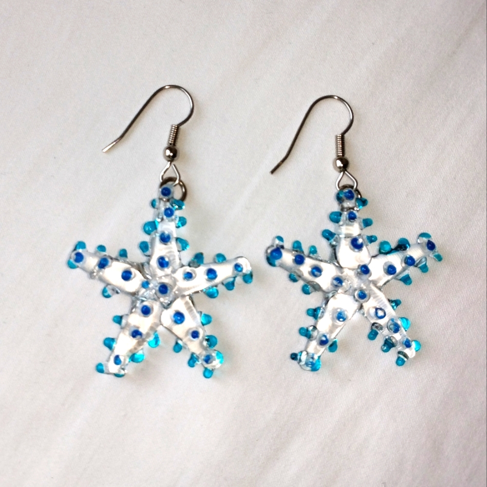 Mermaidcore Starfish Earrings Artisan Glass Ocean Blues Crystal Stars Fairycore
